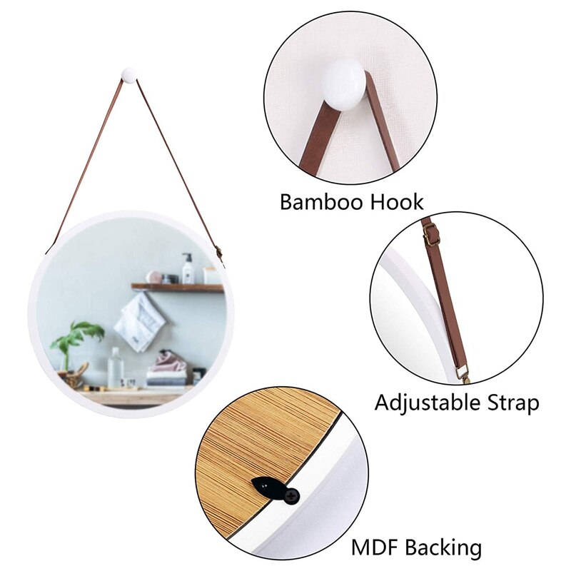 Ronde wandspiegel voor in de badkamer en slaapkamer - massief bamboe frame en verstelbare leren band (wit , 15 inch)