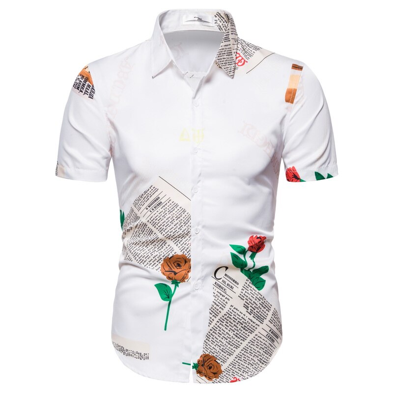 Vintage hvid skjorte mænd kortærmet sommer rose blomster bogstavtryk chemises steampunk skjorte herre årsagsferie streetwear: Hvid / M