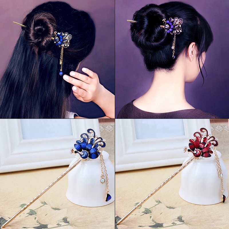 Baton de păr de păun de epocă betisoare în stil chinezesc ace de păr etnice pentru femei agrafe de păr din metal cu strasuri accesoriu de bijuterii