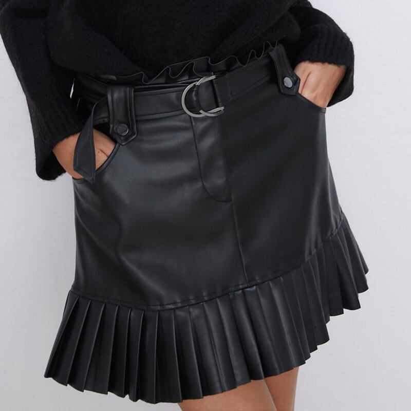 Mini faldas de PU negras para mujer falda de cuero de imitación para mujer con cinturón de lazo en la cintura para mujer IP
