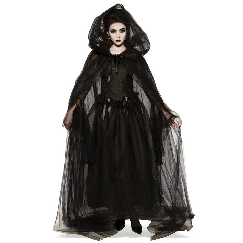 Cosplay horror strega donna spaventoso zombie vampiro halloween carnevale costume spettrale fantasma medievale mantello con cappuccio giorno dei morti: Taglia xxl / Nero
