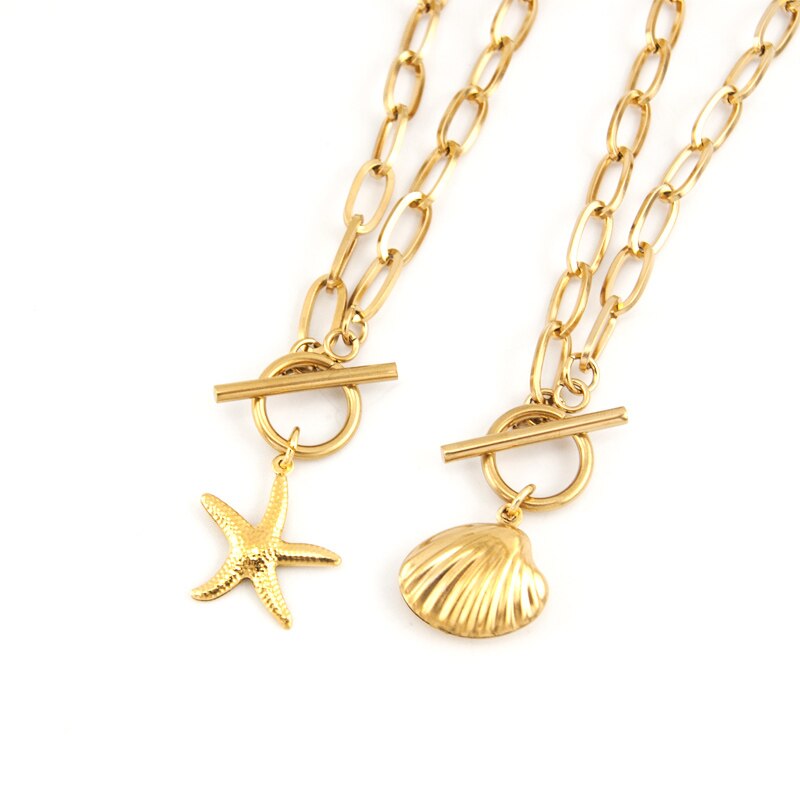 WOMEN CHOKER Seashell Starfish NECKLACE Stainless steel Toggle Clasp Cable Chain collares Collier