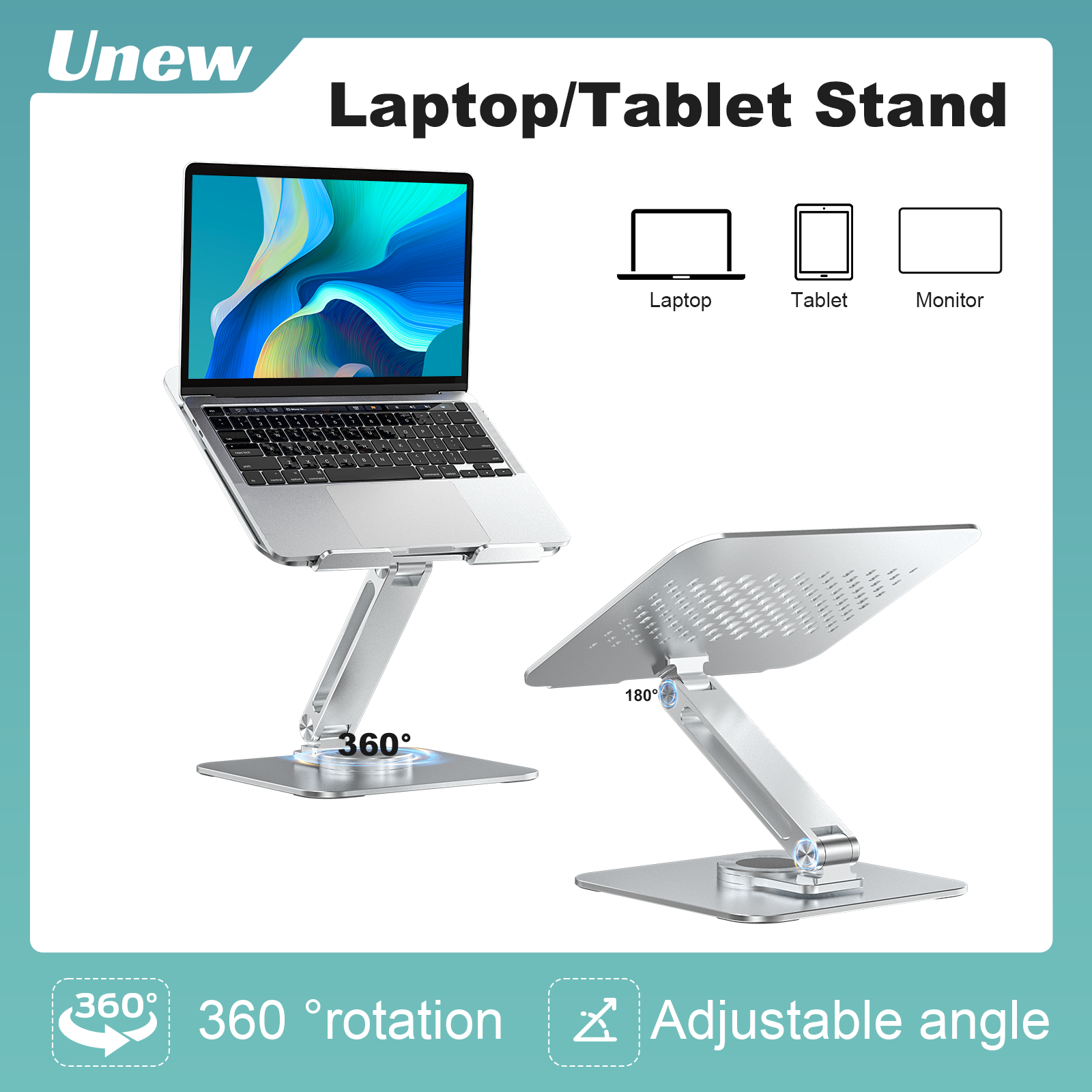 Unew 360° ° Rotatie laptop/tabletstandaard, aluminium verstelbare draagbare standaard voor laptopschakelaar iPad/pad, 4,7-12,9 inch