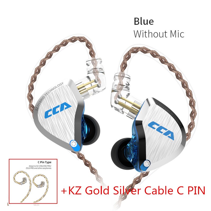 Le plus CCA C12 1DD + 5BA hybride dans l'oreille écouteurs métal HIFI basse écouteurs casques antibruit écouteurs V90 ZSX T4: blue no mic(GS)