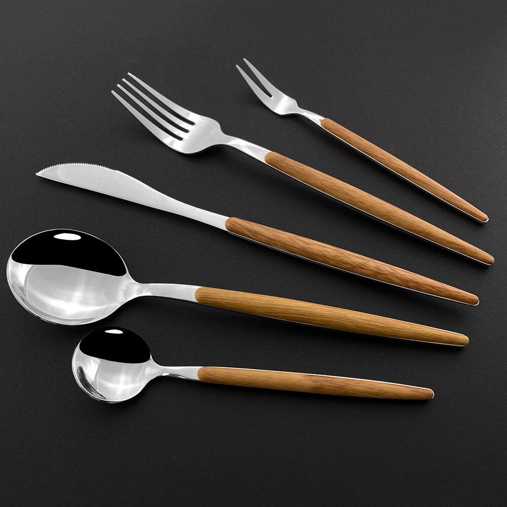 Western Silver 1/5Pcs Dinnerware Set Wood Handle Stainless Steel Dinner Home Knife Fork Spoon Fish Fork Flatware Cutlery Sets