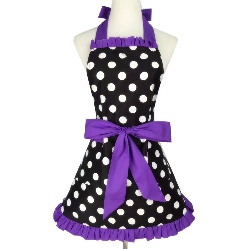 Retro forklæde til kvinder super sød og sjov sløjfe med lomme justerbar bomuld polka prikker sarte hemline madlavningsforklæder: Lilla