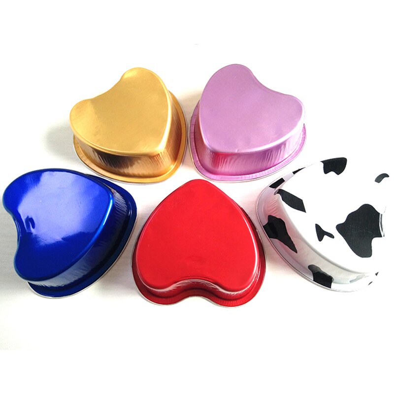 10pcs 6 Color heart-shaped aluminum foil baking cake box small tin cup cheese dessert bread packaging cup with lid