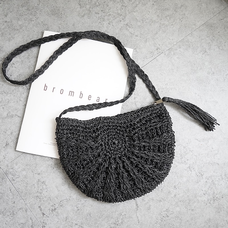 Women small Semicircle Tassel Knitting Straw bag Summer Travel Rattan Tote Knitted Hand Bag Girls Shoulder Tote Keys Coin bag: black