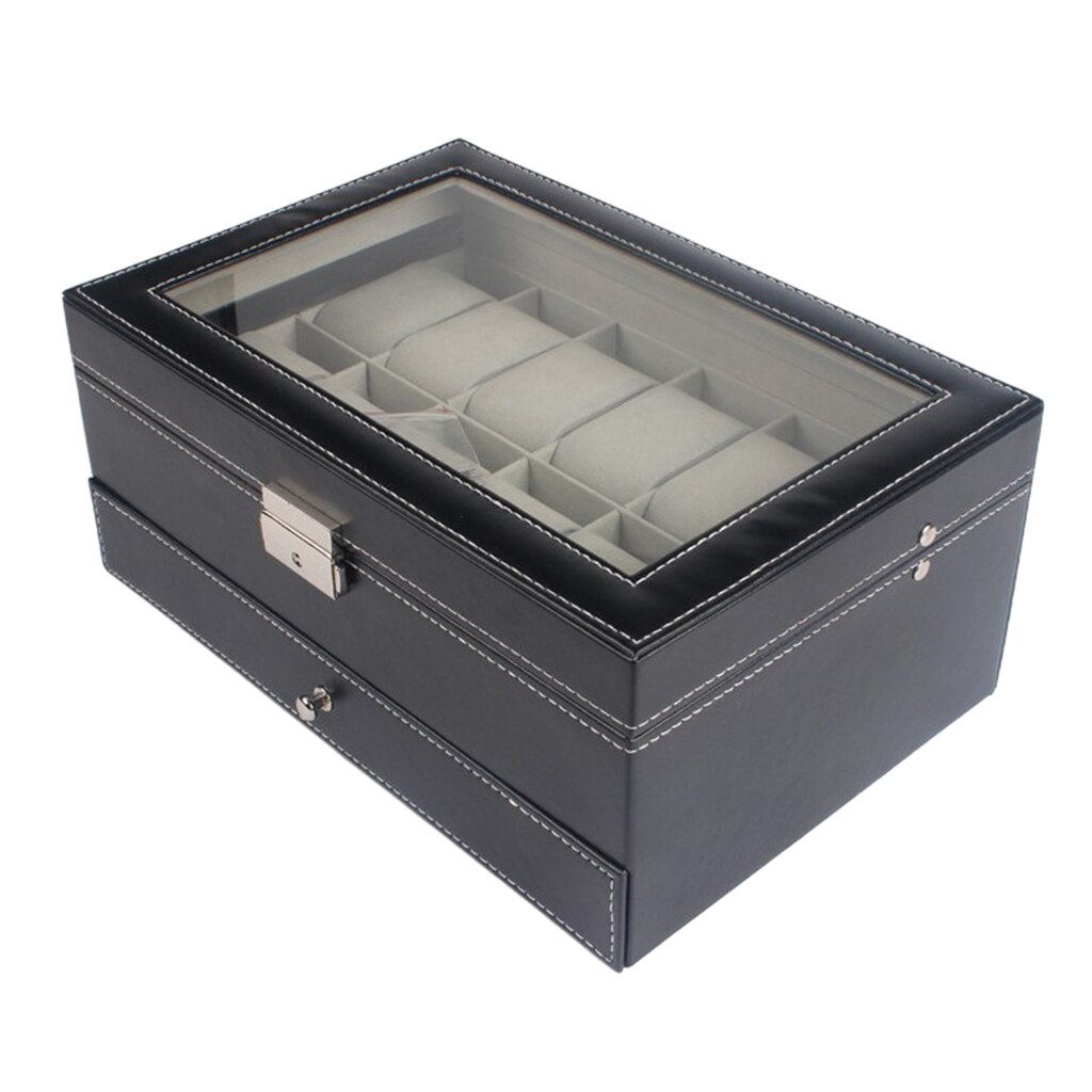 12 Slot Black Watch Storage Box Jewelry Display Holder Container Lockable