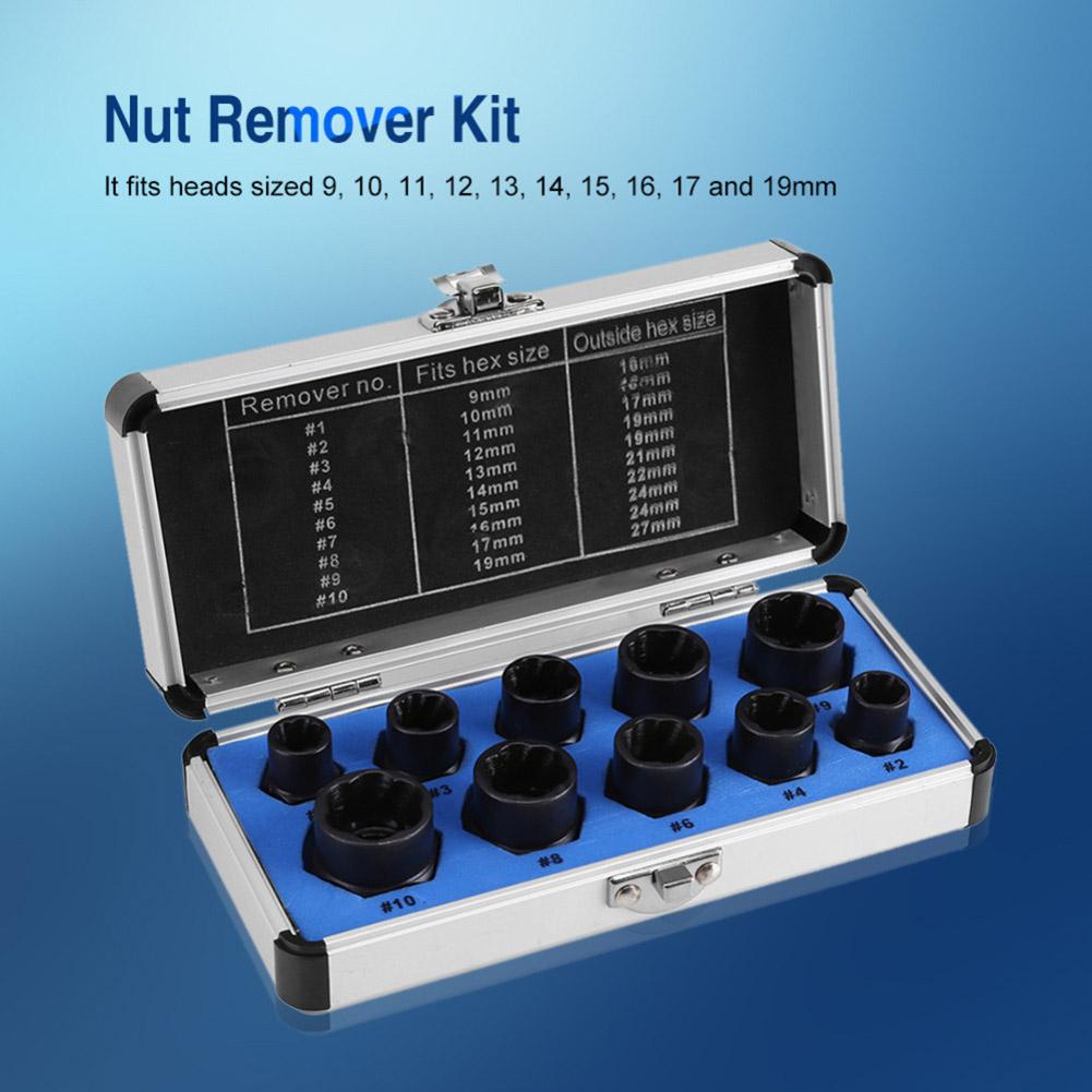 10pcs 9-19mm Screw Remover Tools Damaged Nut Bolt Remover Kit Stud Extractor Broken Bolt Screw Remover Hand Tools Set Kit