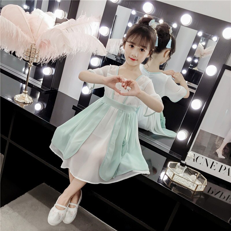 Hanfu Jurk Voor Meisjes Rok Zomer Chiffon Kinderen Chinese Geschiedenis Jurk School Dance Stage Kostuum Cosplay Kleding BL1797: Green / 110cm