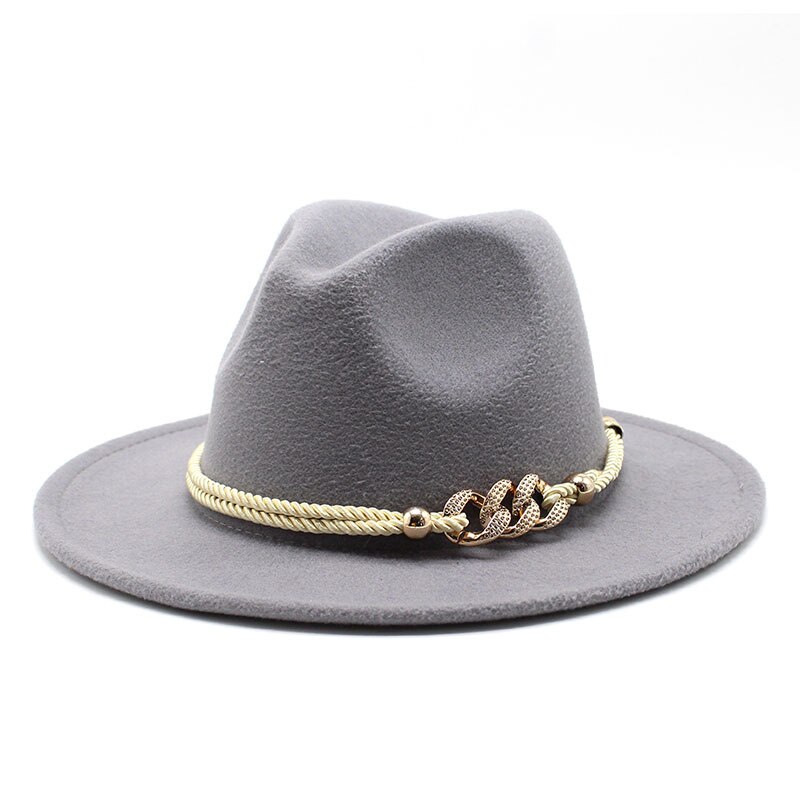 Chapeau fedora noir/blanc à large bord en feutre pour homme et femme, en mélange de laine artificielle, simple, église, derby, haut-de-forme, panama, solide, jazz, casquette: light gray