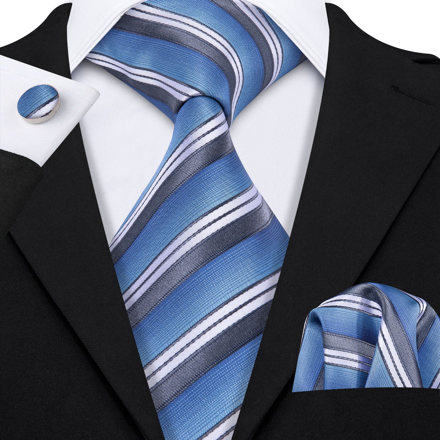 LS-585 Barry.Wang Mannen Stropdas Zijde Gestreepte Jacquard Geweven Classic Tie + Hanky + Manchetknopen Set Voor Formele Wedding Bedrijvengids Party: LS-5079
