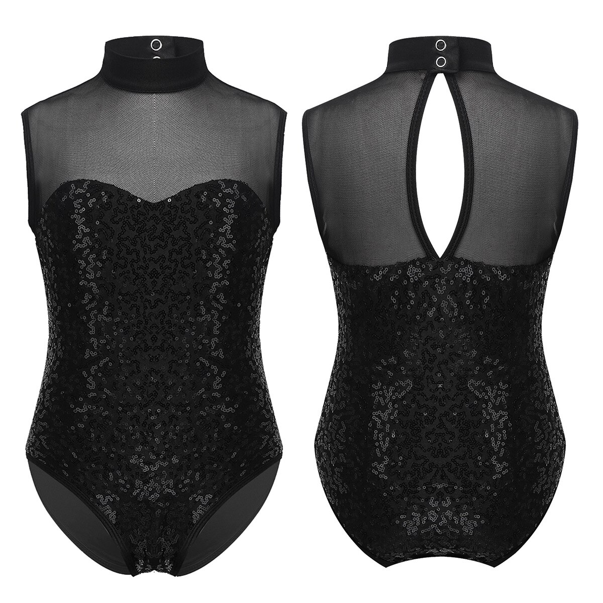 Kids Girls Gymnast Leotard Sequins Sleeveless Tulle Splice Keyhole Back Teens Ballet Gymnastics Leotard Dance Gymnastic Jumpsuit: Black / 14