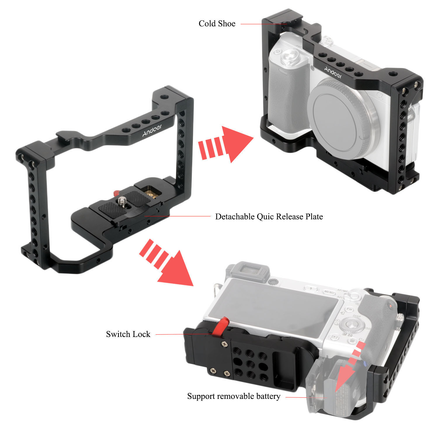 Andoer Camera Cage Video Film Movie Making Stabilizer Aluminum Alloy with Detachable Quick Release Plate Cold Shoe Mount