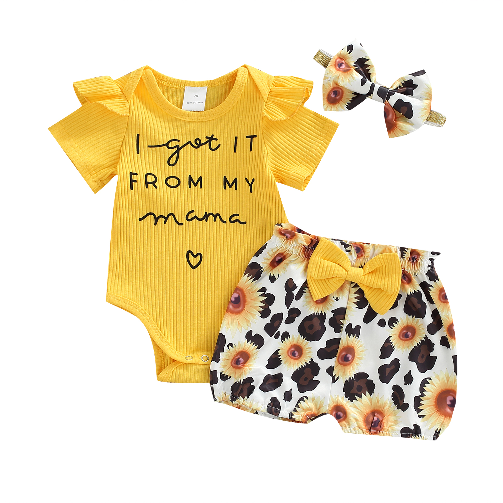 Ensemble de vêtements d'été pour bébés filles de 0 à 18M, barboteuse à manches courtes + Short imprimé léopard/tournesol, I GOT IT FROM MY MAMA, 3 pièces, 2022: D / 18M