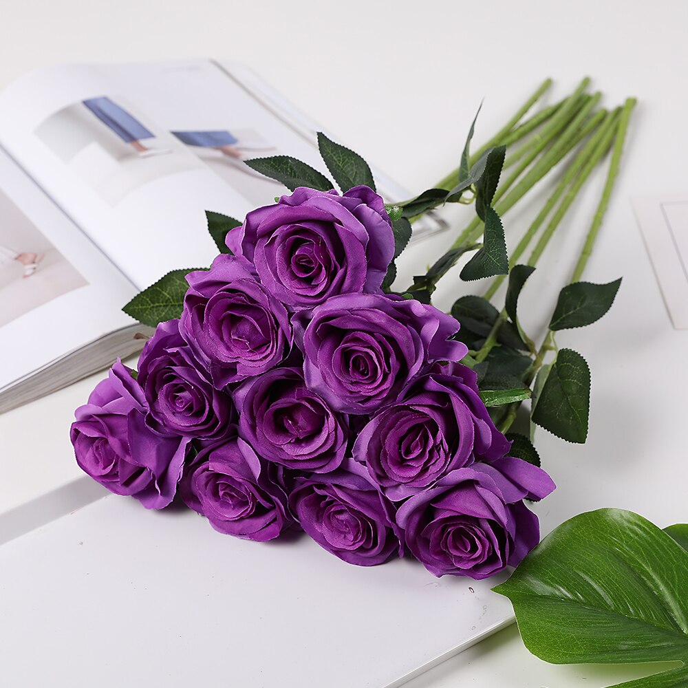 10 pc/ set 50 cm champagne ros blommor bunt röda rosor konstgjord blombukett bröllop bord dekor heminredning: Lila 3