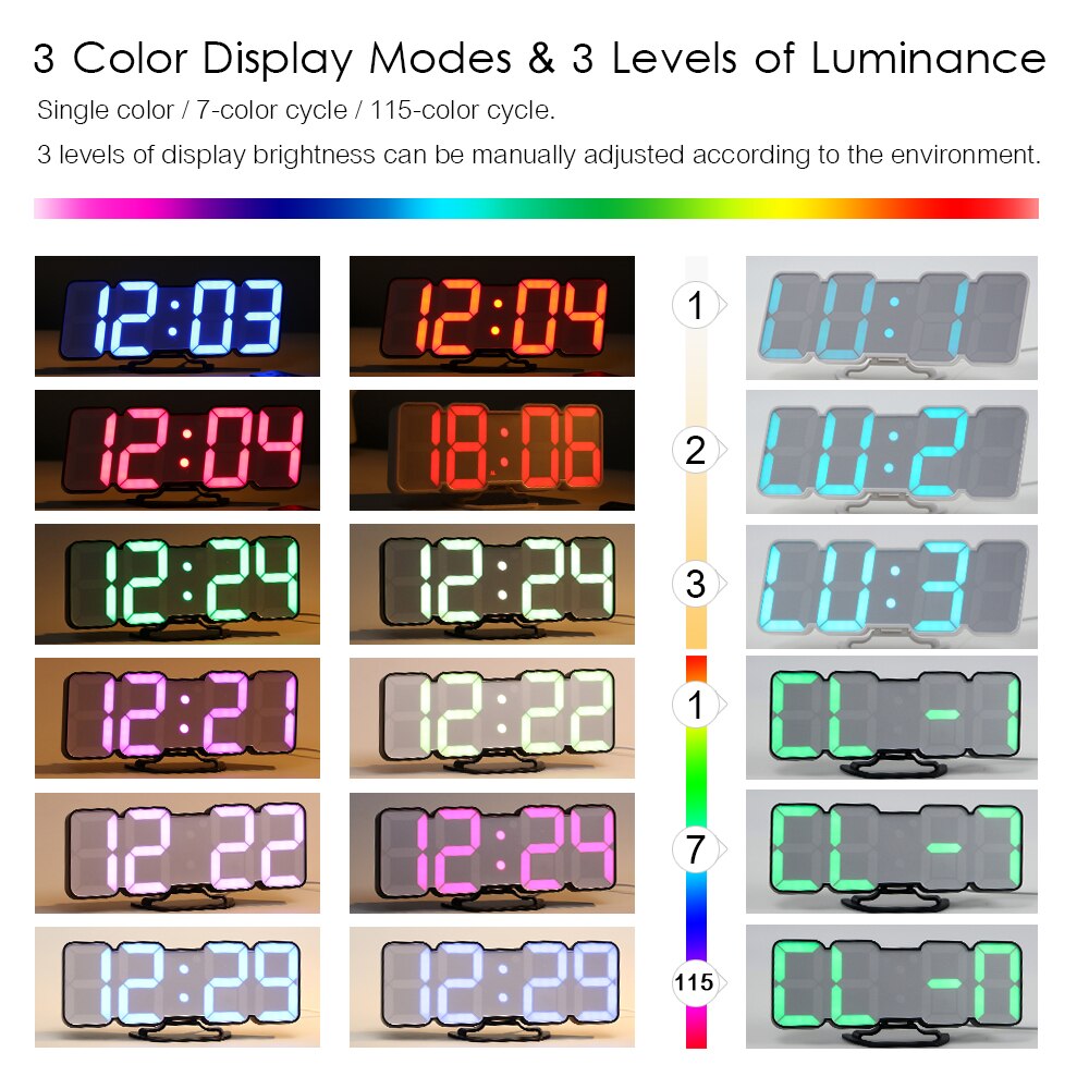 3D Wireless Remote Digital RGB LED Alarm Clock USB Powered 115 Color Changing 3Level Brightness Sound Control Wall Desktop Clock
