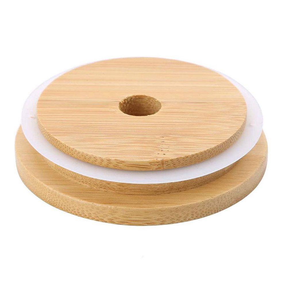 Tapas de tarros de madera de bambú con anillo de sellado de silicona, tapa de madera reutilizable, botellas, tazas, tapas de vasos con agujero de paja, 70/86mm, 1 ud.: 86mm with hole