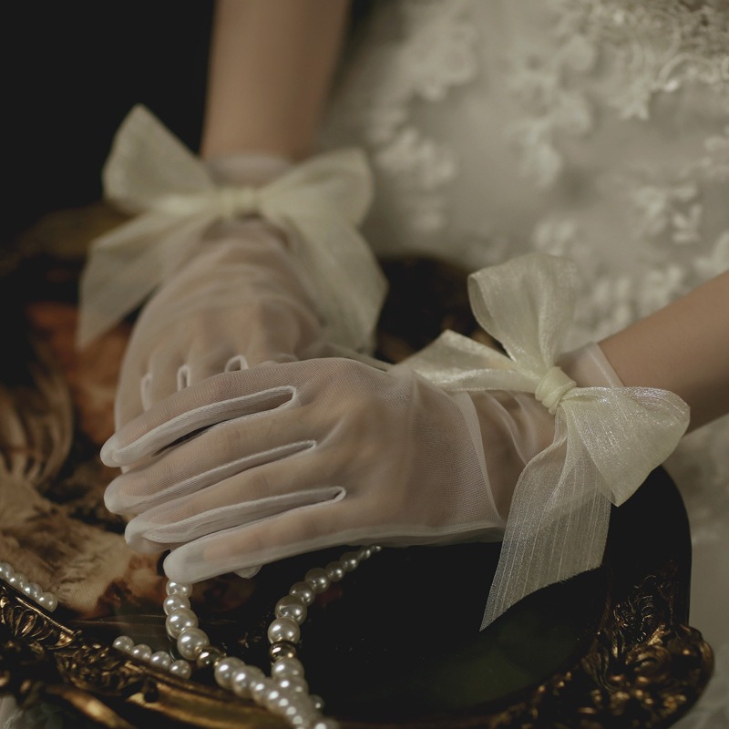 Gants de mariage transparents Vintage, robe de mariée blanche, avec nœud en maille et perles, courts en dentelle, accessoires de mariage: green