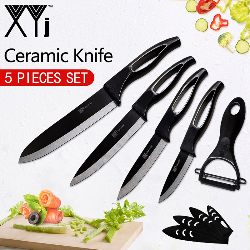 XYj Ceramic Knives Kitchen knives Tool 3 4 5 6 inch Chef Knife Cook Set+Peeler White Black Blade Multi-color Handle: Black  H Black Blade
