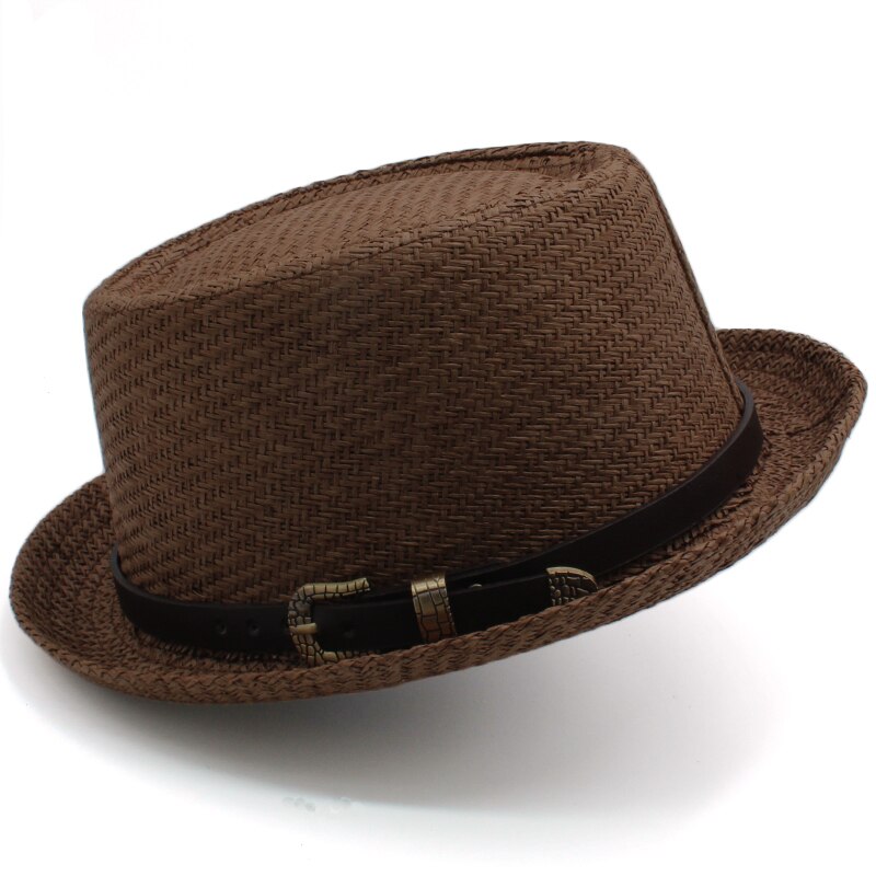 Sombreros clásicos de paja para hombre y mujer, gorros Fedora de Pie de cerdo, Trilby, para verano, playa, viaje al aire libre, , talla US 7 1/4 UK L: Brown