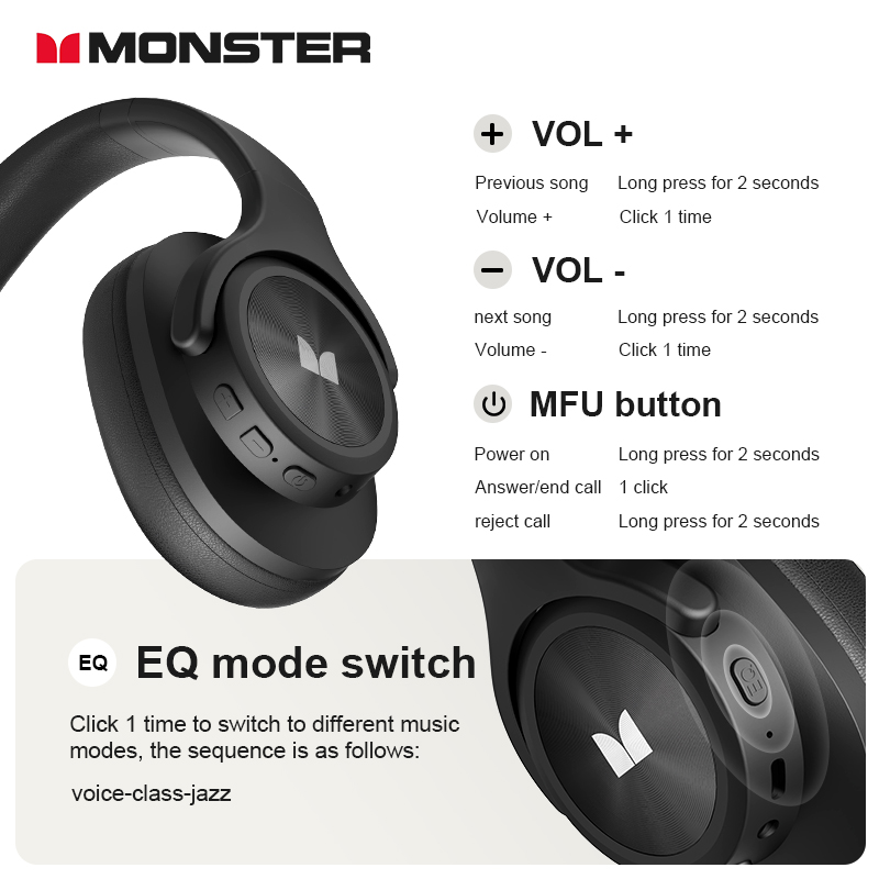 Monster MISSION 200 Wireless Headset Foldable Bluetooth Earphones, Punchy Bass Headphones for PC Laptop phone Steam Switch