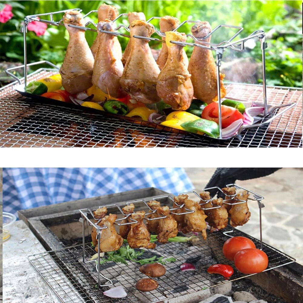 BBQ Grill Stainless Steel Chicken Wing Leg Rack for Grill Smoker Oven 12 Slots Roaster Stand with Drip Tray for BBQ Picnic