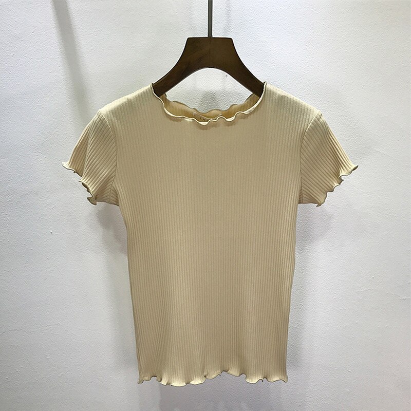 Camiseta deportiva informal para mujer, Top de Yoga transpirable con volantes, Top de manga corta suave de Color sólido, camiseta elástica de uso diario para mujer: Apricot