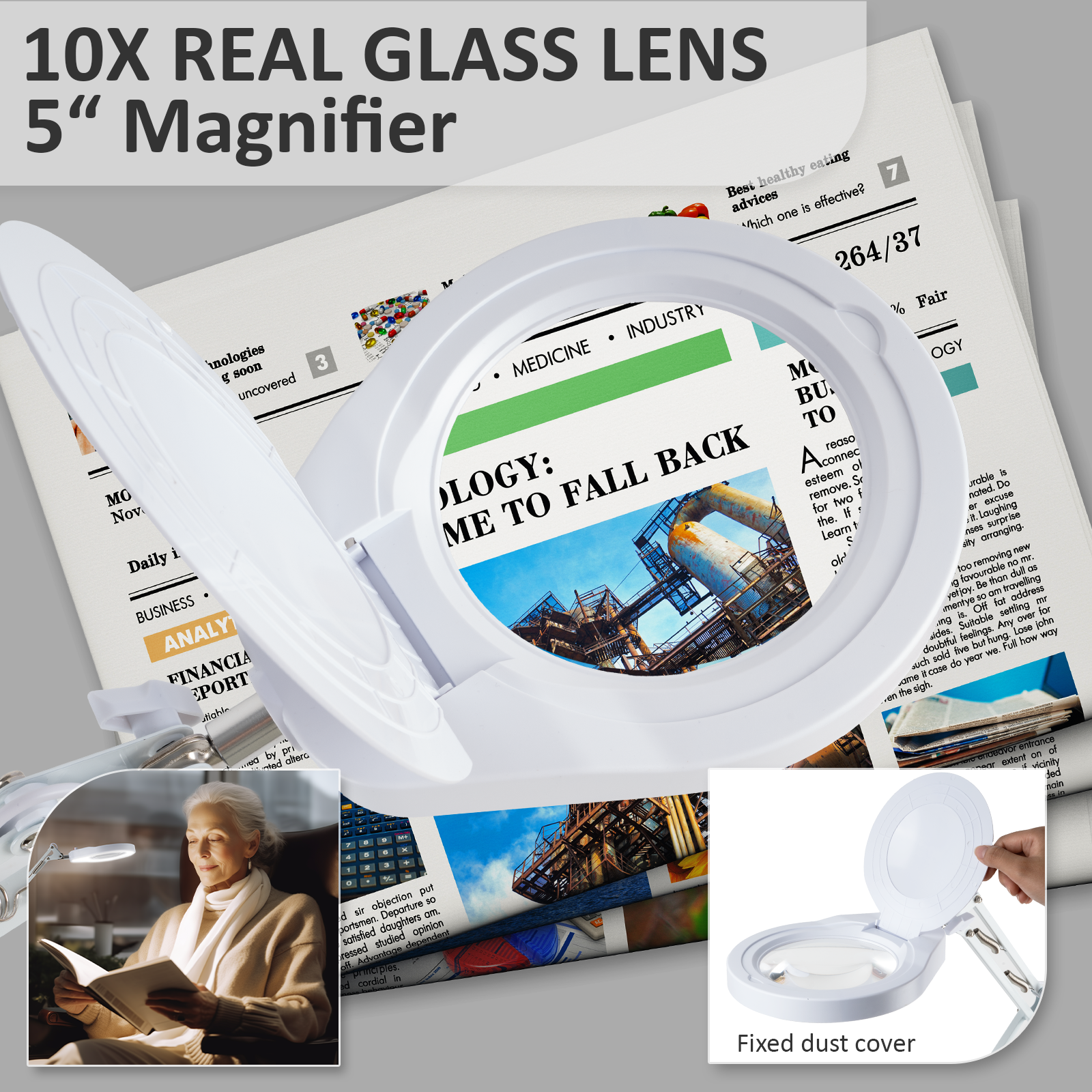 10X Vergrootglas met Licht en Standaard Zwenkarm Vergrootlamp Traploos Dimbaar 5-Dioptrie Echt Glazen Lens Vergrootglas