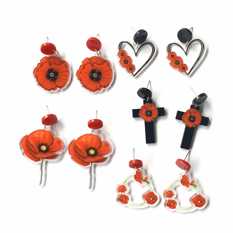 Rød valmue blomst sort kors hjerte form cirkel med blomster akryl ørestikker romantiske valmuer buket broche smykker