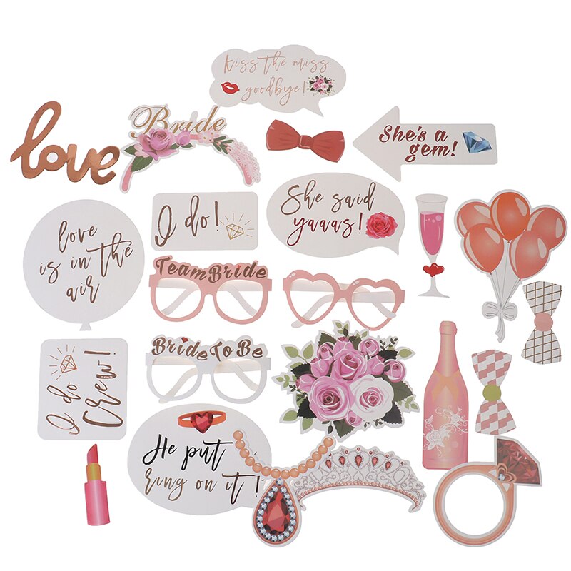 23PCS Bachelorette Party Wedding Pink Team Bride To Be Hen Party Birthday Selfie Gold Photo Props Photo Booth Props