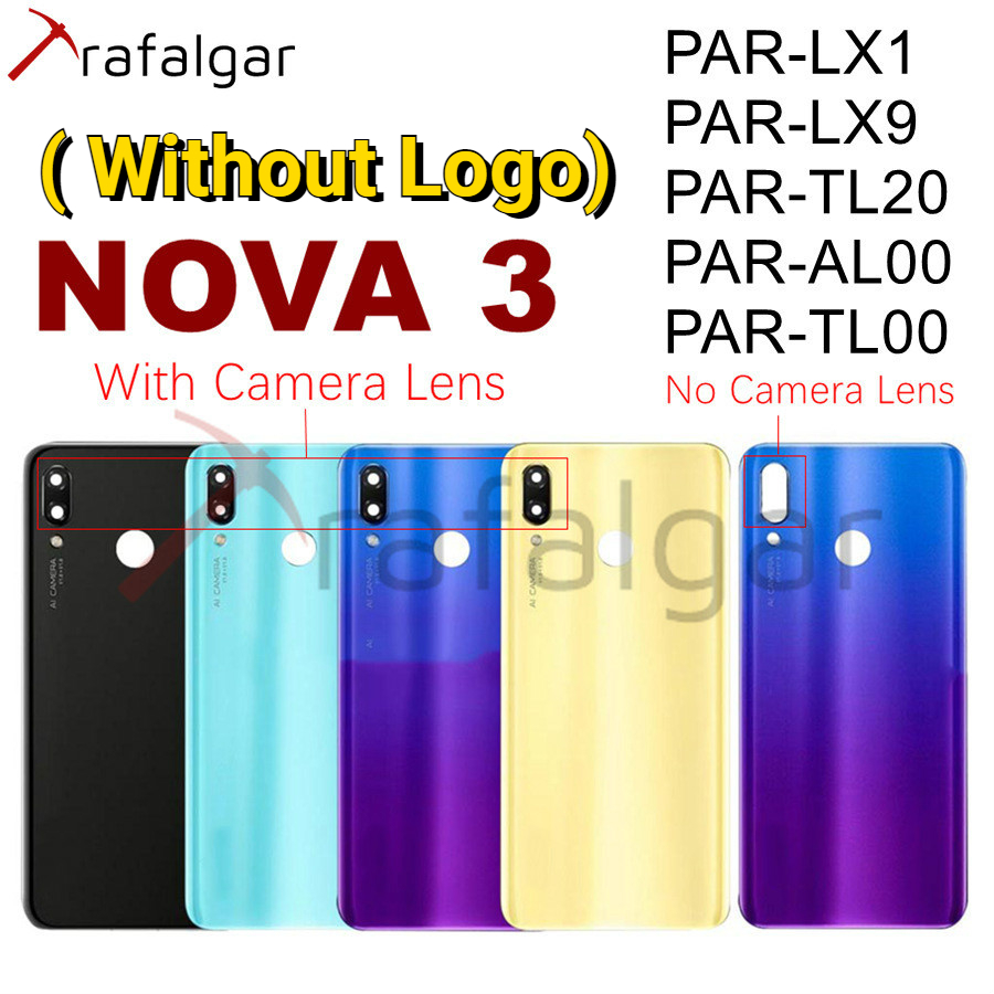 Zmodyfikowany bez Logo dla Huawei Nova 3 Nova3 tylna pokrywa tylny Panel szklany wymiana obudowy obudowy baterii + naklejka Adheisve