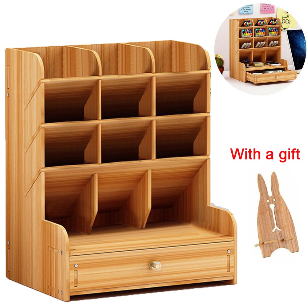 Multi-Functional DIY Wooden Desk Organizer Office School Pen Pencil Holder Container Stationary Desktop Storage Box with Drawer