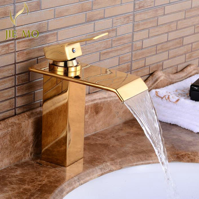 waterval brede uitloop golden Stijl Messing Kraan Enkele Handgreep Warm en Koud mengkraan Water tap 9962