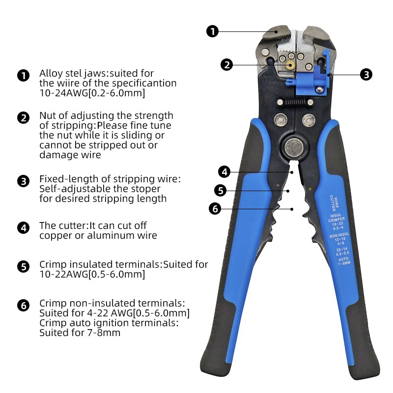 HS-D1 Wire Stripping Tool Self-adjusting 8" Automatic Wire Stripper Pliers Tool for Wire Stripping, Cutting, Crimping 10-24 AWG