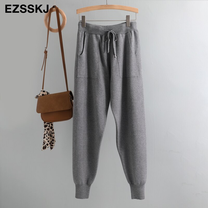 Pantalon sarouel de sport avec élastique à la taille pour femme, vêtements avec cordon de serrage, en tricot épais, automne et hiver: Gris