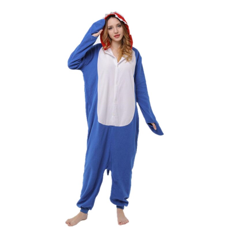 Blauwe Haai pyjama Polar Fleece Cosplay Kostuum Vrouwen Adult Fancy Leuke Dier Onepiece Warm Winter Party