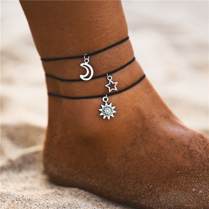 Sol stjerne og måne dingle tredobbelt sorte reb ankler armbånd enkle kvinder strand fod smykker