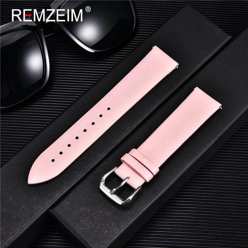 Bracelet de montre Ultra-fin en cuir véritable, ceinture de montre, 8mm 10mm 12mm 14mm 16mm 18mm 20mm 22mm, rouge blanc noir: Rose / 14mm