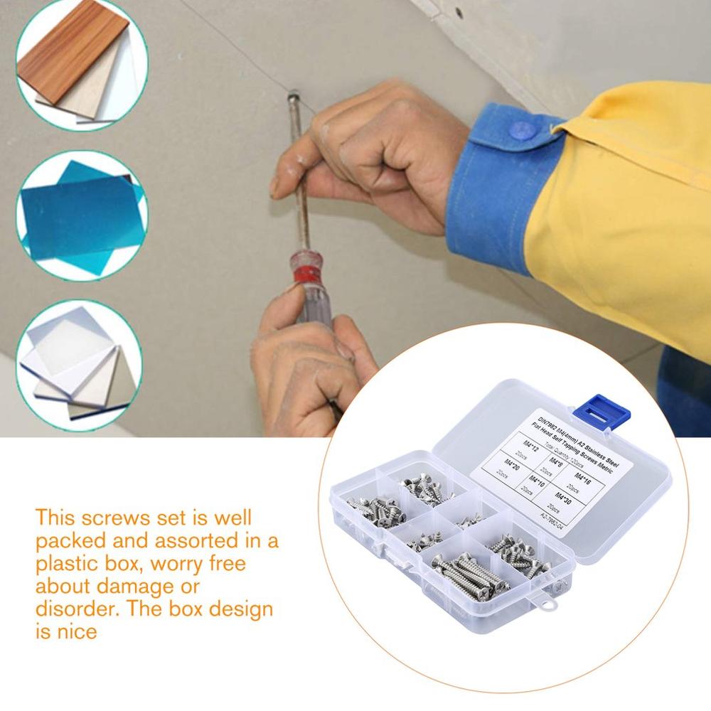 120pcs M4 304 Stainless Steel Screw Cross Recessed Flat Head Self-tapping Wood Screws Combination Set