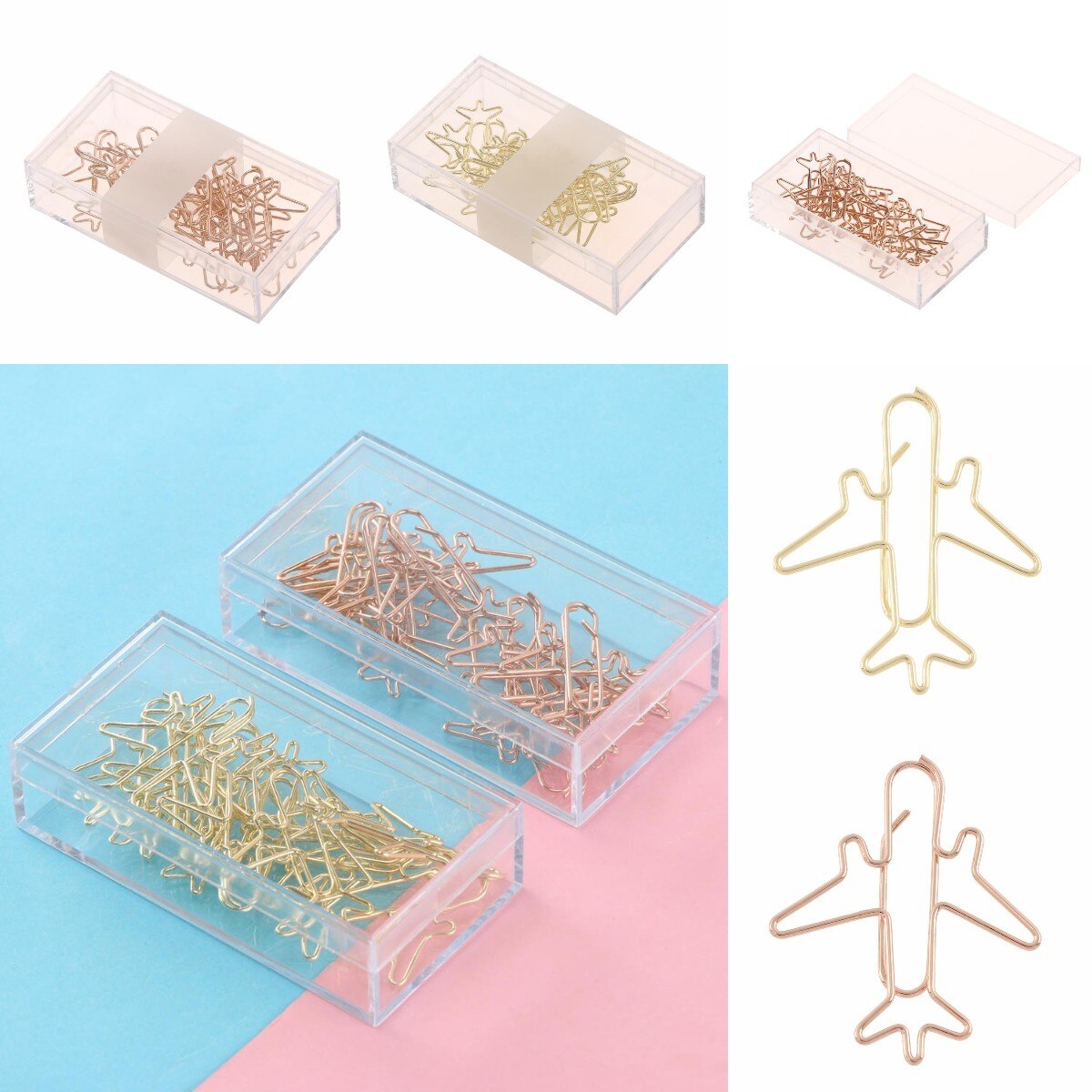 12pcs/set Rose Gold Airplane Shape Metal Paper Clips Escolar Bookmarks Memo Clip Binder Clip Stationery Book Note Decoration