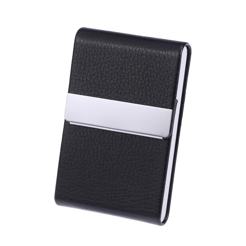 Business Card Holder - Metal PU Leather Case - Unisex Name Visit Card Organizer Box: Black