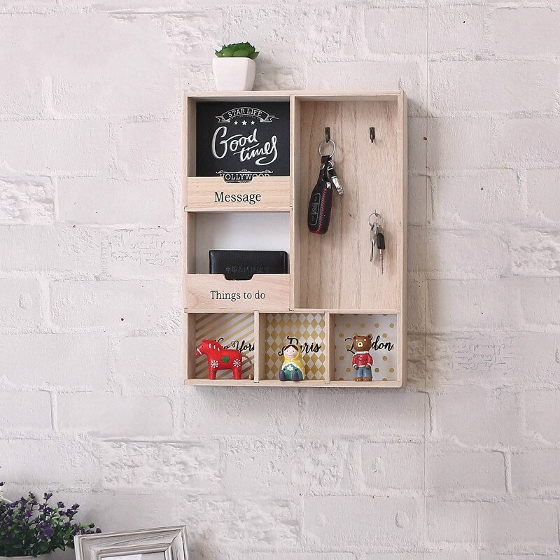 Solid wood storage rack three-layer hook wall hanging debris rack living room keychain kitchen vestibule porch box WF106: Wood color