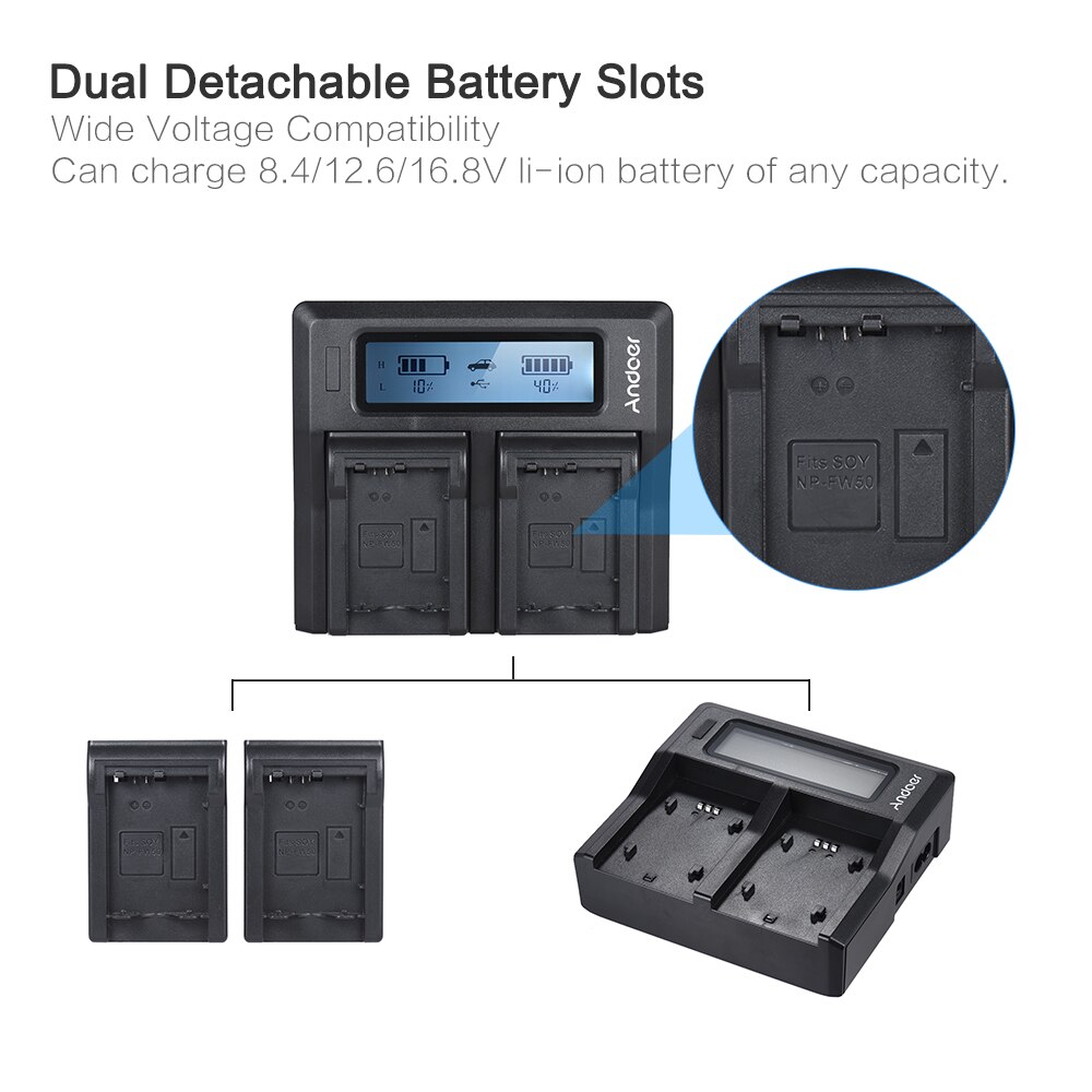 Andoer NP-FW50 NPFW50 Dual Channel LCD Digital Camera Battery Charger for Sony A7 A7R A7sII A7II A6500 A6300 A7RII NEX Series