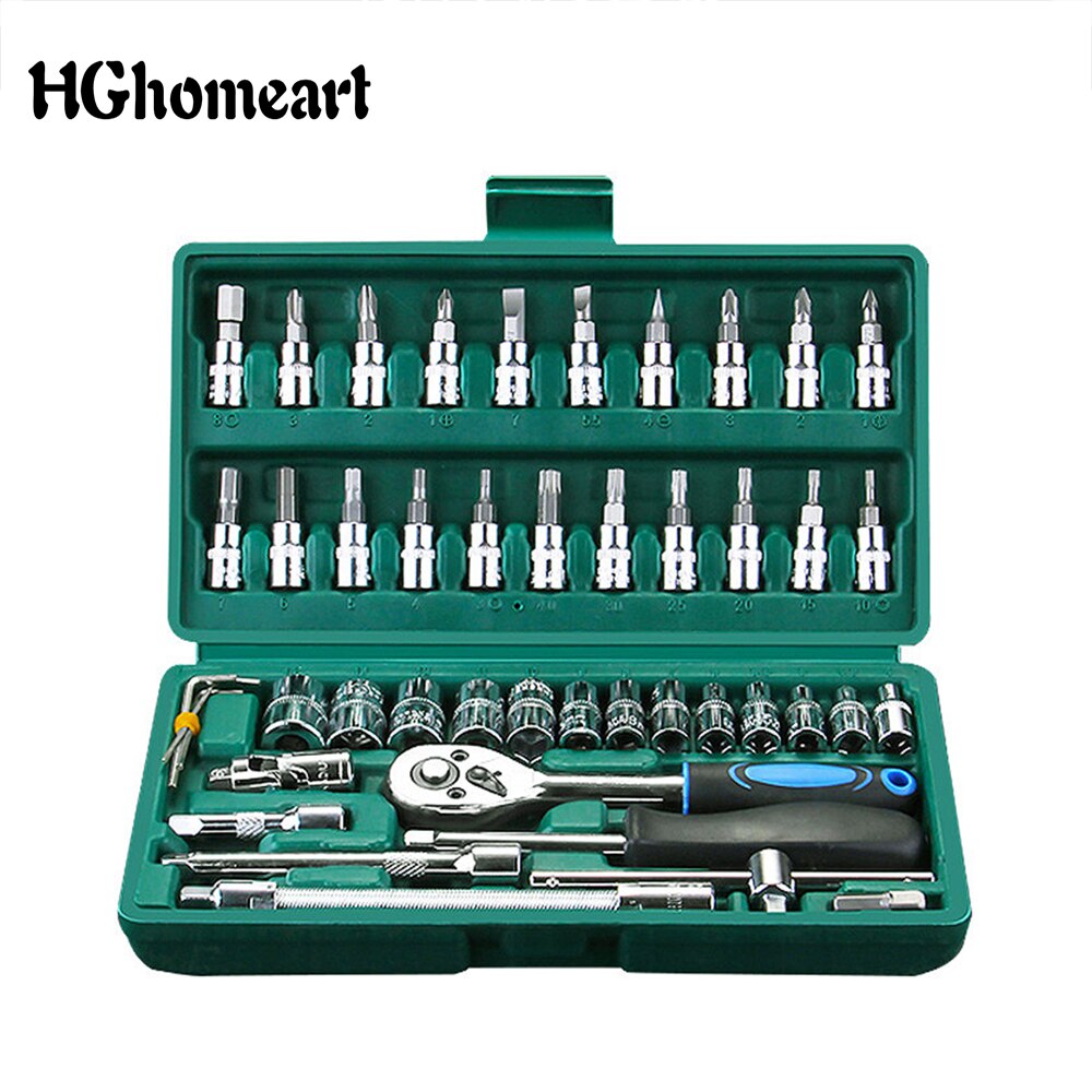 46 pièces ensemble d'outils de réparation de voiture 1/4 pouces jeu de douilles clé dynamométrique à cliquet Combo outils Kit outil de réparation automatique: 12PCS
