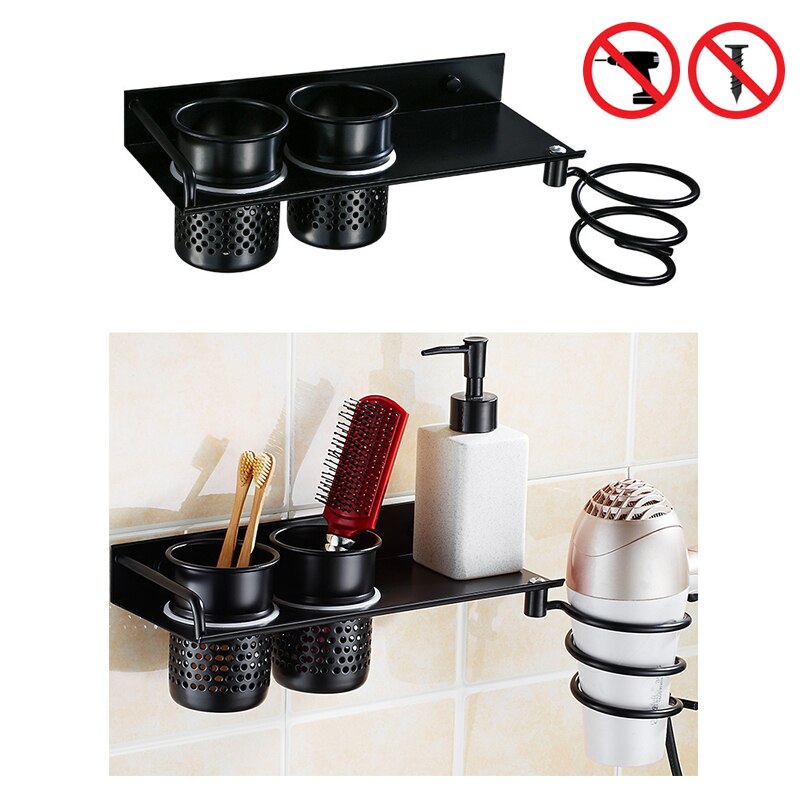 Föhn Houder Met Cup Huishoudens Muur Opslag Badkamer Accessoires Föhn Plank Metal Black Föhn Rack EL1035: 03