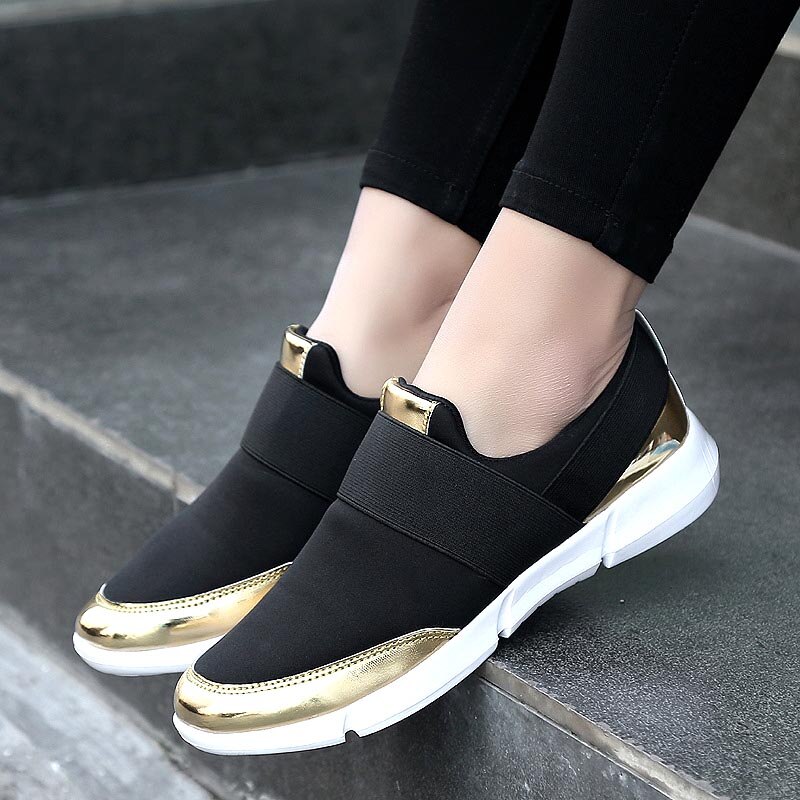 Women's Sneakers Running Shoes Mesh Breathable Casual Shoes Golden Sneaker Overshoes Flat Flat Shallow Casual Shoes Zapatilla: black gold / 4.5