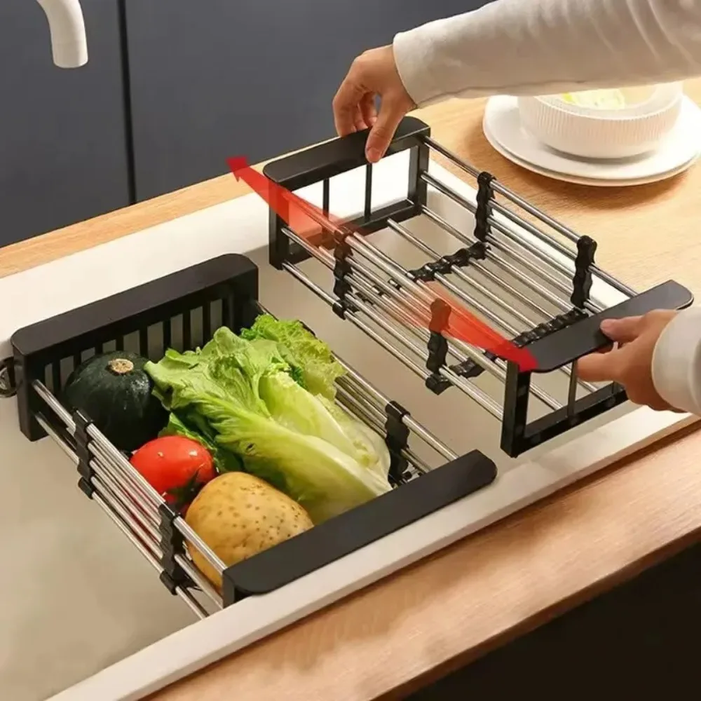 Escurridor de platos ajustable, escurridor telescópico de acero inoxidable, organizador de cocina para frutas y verduras, desagüe para fregadero perfecto para la mayoría de los fregaderos