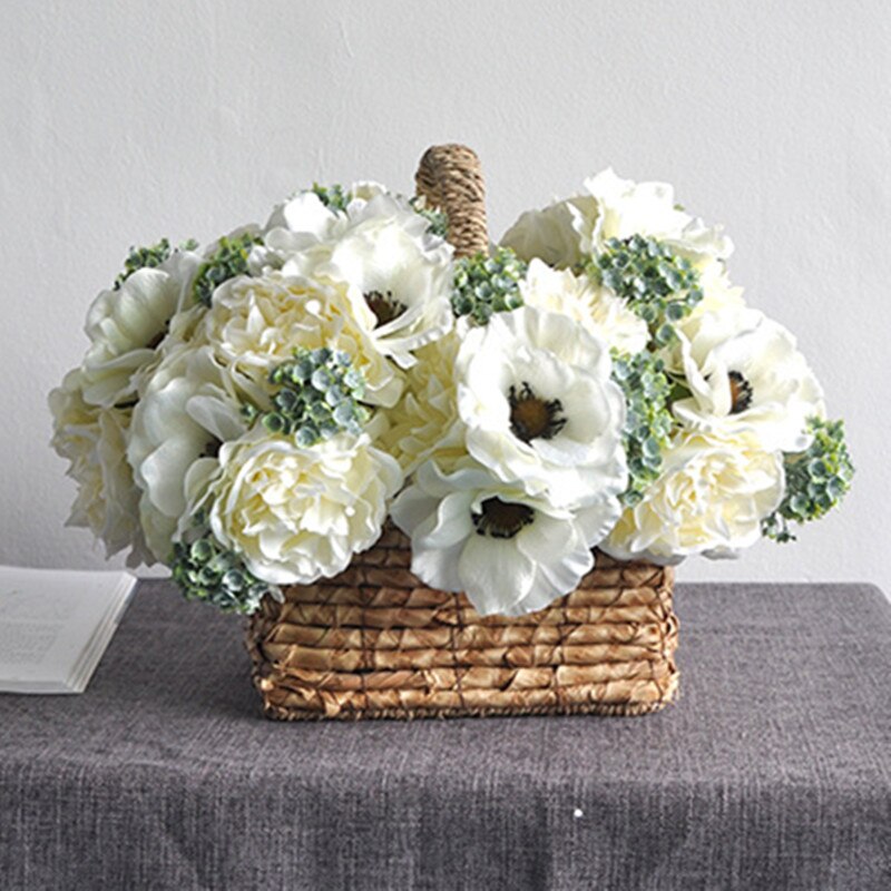 Nordisk pion bukett anemon bröllop brudbukett siden konstgjorda blommor diy scrapbook blommor konstgjorda rumsinredning